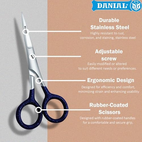 DANIAL 4 Inches Stainless Steel Hair Cutting Scissors for Mustache, Beard, Nose and Eyebrow Grooming -Rubber Coated Grip - Travel Friendly Blue - Red - Image 2