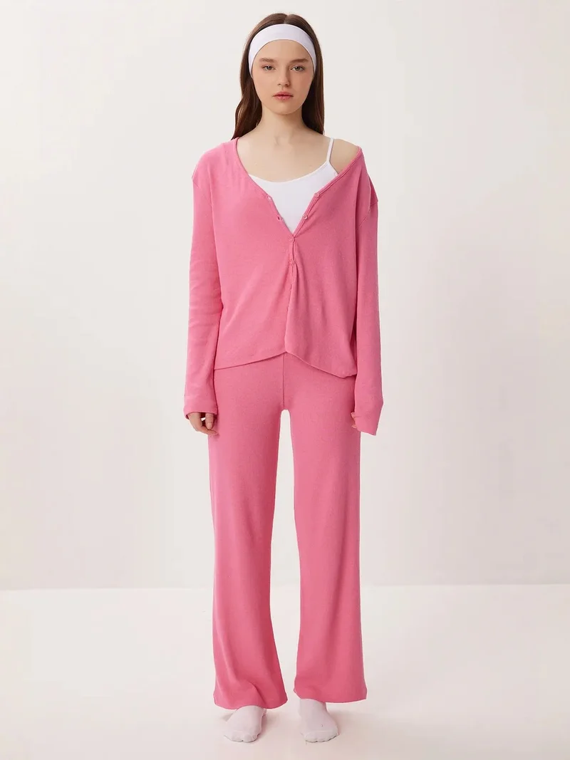 السعادة في إسطنبول ISTANBUL V-neck Buttoned Long Cardigan and Pants Pajama Set
