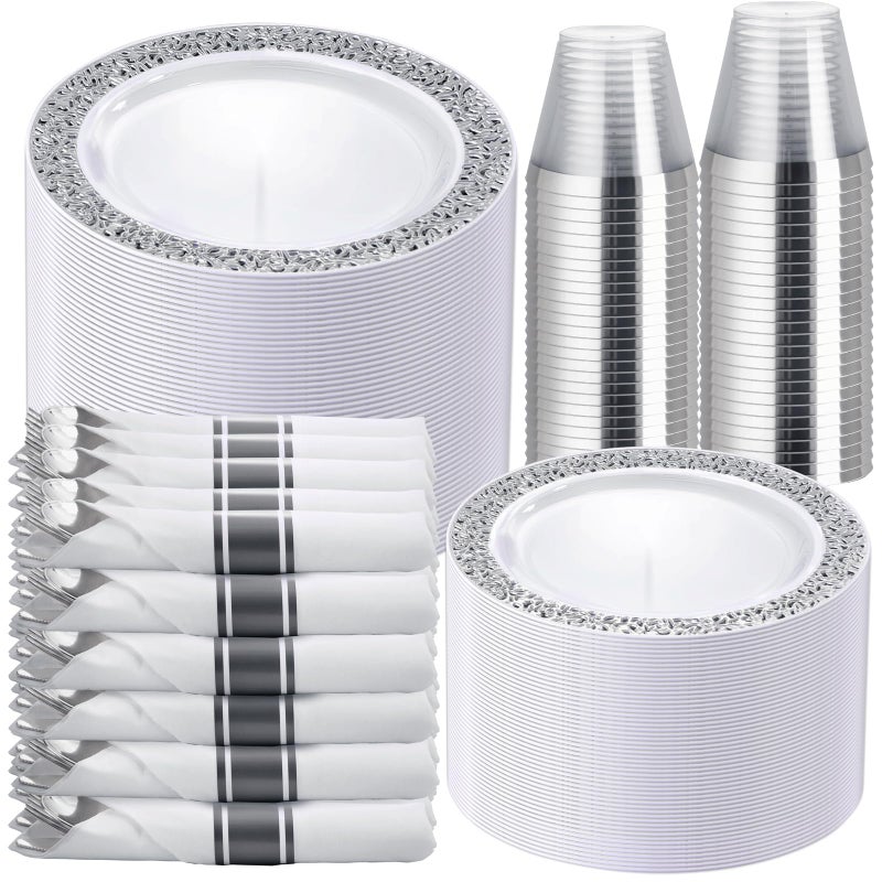 WELLIFE 350 Pieces Silver Disposable Plastic Dinnerware Silver Lace Plates for Wedding  Party Includes50 Dinner Plates 50 Dessert Plates 50 Cups 50 Pre Rolled Napkins with Silver Cutlery