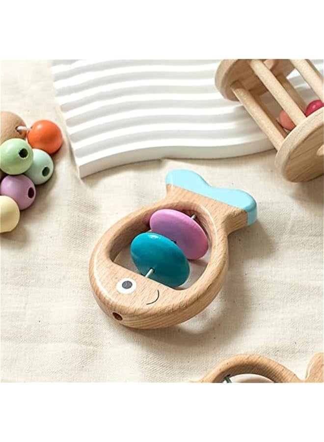 خشيشة خشبية للأطفال (أمي) من عمر 0 إلى 6 أشهر، 5 قطع خشيشة خشبية مع أجراس، خشيشة رنانة، ألعاب مونتيسوري للأطفال الرضع هدايا للأولاد والبنات - Image 2