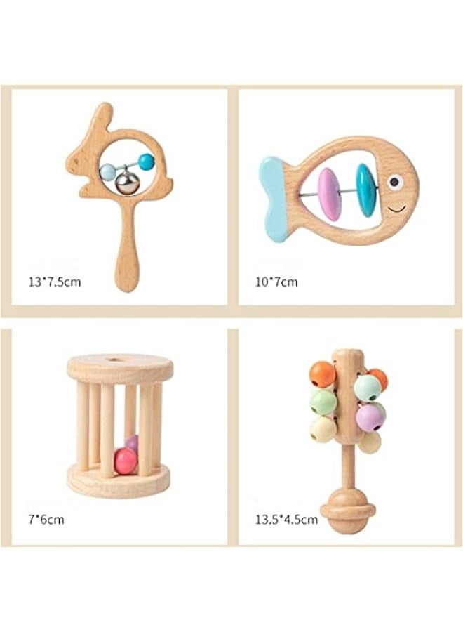 خشيشة خشبية للأطفال (أمي) من عمر 0 إلى 6 أشهر، 5 قطع خشيشة خشبية مع أجراس، خشيشة رنانة، ألعاب مونتيسوري للأطفال الرضع هدايا للأولاد والبنات - Image 5