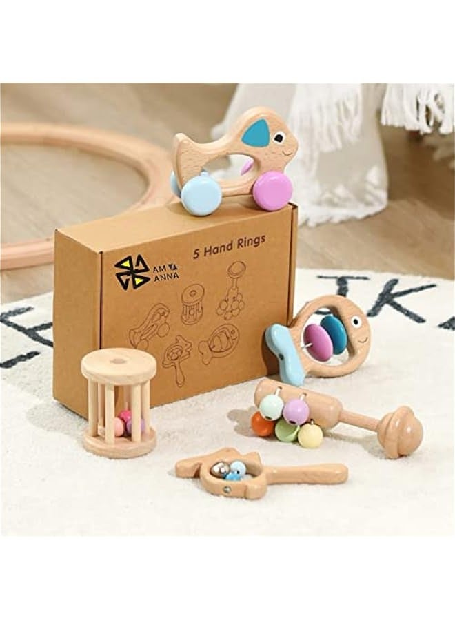 خشيشة خشبية للأطفال (أمي) من عمر 0 إلى 6 أشهر، 5 قطع خشيشة خشبية مع أجراس، خشيشة رنانة، ألعاب مونتيسوري للأطفال الرضع هدايا للأولاد والبنات - Image 3