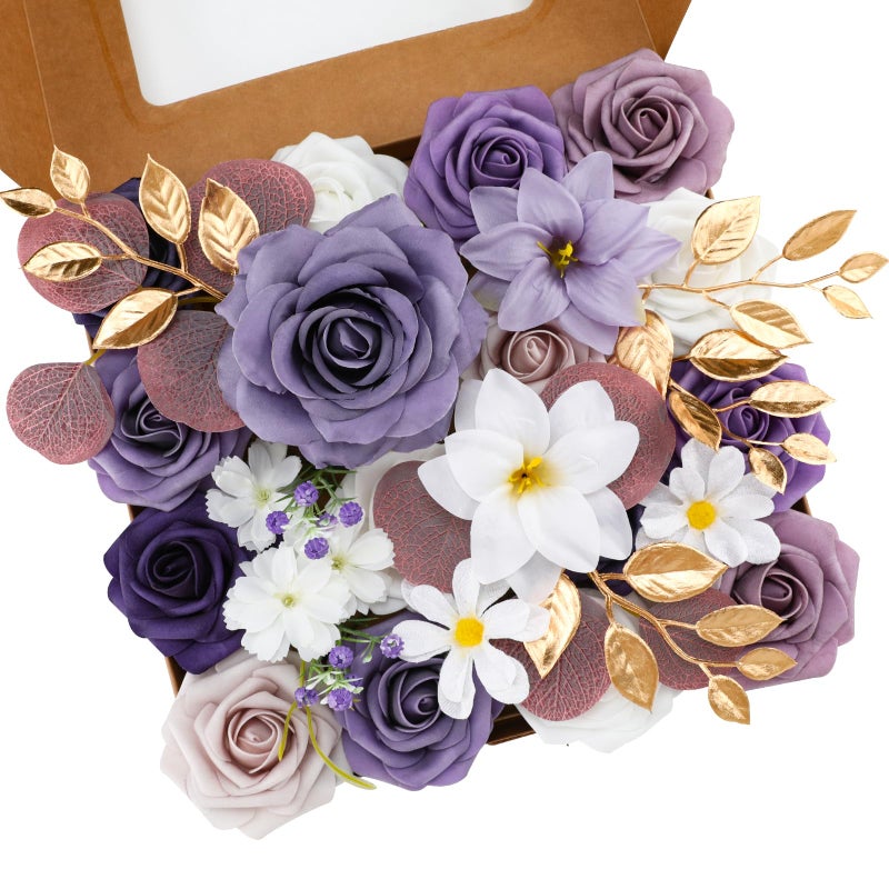 Floweroyal Artificial Flowers Combo Purple Flowers Mix Silk Flowers Fake Roses with Stems for DIY Wedding Bridal Bouquets, Baby Shower, Floral Arrangement, Table Centerpieces, Home Decorations - Image 1