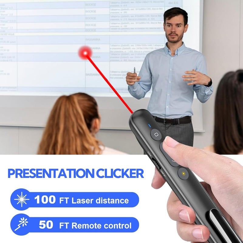Wisfunlly Presentation Clicker، مشغل عرض لاسلكي بتردد 2.4 جيجاهرتز ومتوافق مع منافذ USB-A/Type-C، مثالي لعروض PowerPoint. يتميز بوجود وظيفة التحكم عن بعد في الروابط المختصرة ومستوى الصوت، ويعمل مع برامج Keynote، PPT، Mac، PC، وأجهزة اللابتوب. - Image 2