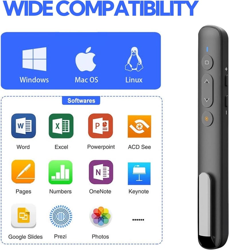 Wisfunlly Presentation Clicker، مشغل عرض لاسلكي بتردد 2.4 جيجاهرتز ومتوافق مع منافذ USB-A/Type-C، مثالي لعروض PowerPoint. يتميز بوجود وظيفة التحكم عن بعد في الروابط المختصرة ومستوى الصوت، ويعمل مع برامج Keynote، PPT، Mac، PC، وأجهزة اللابتوب. - Image 4