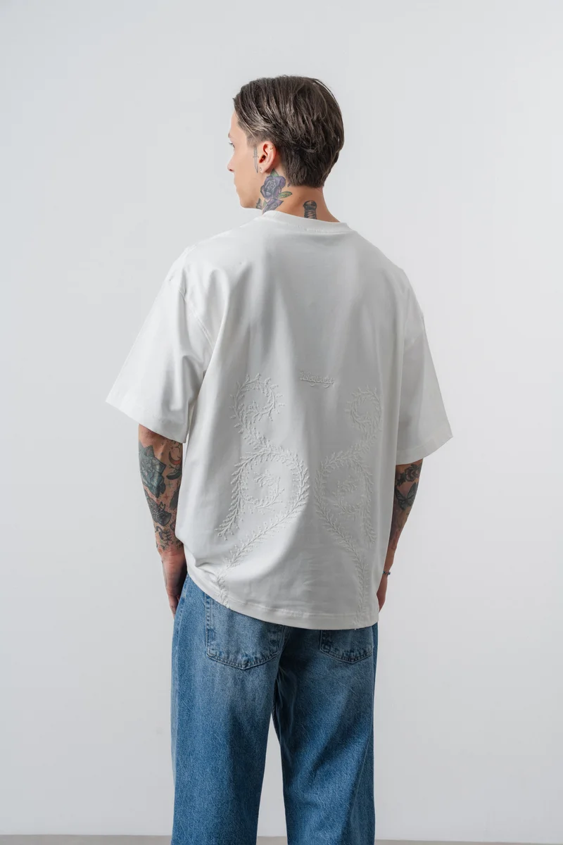 Respire Men's Spiral Embroidery Detail Oversize T-Shirt, Ecru