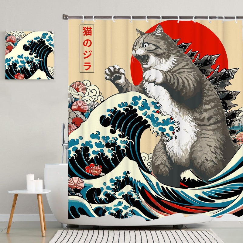 LKFBSC Funny Japanese Cat Shower Curtain, Vintage Cat Art Japan Anime Sunset Wave Waterproof Shower Curtain with Hooks, Animal Fabric Shower Curtains Bathroom Decor 72X72inches - Image 1