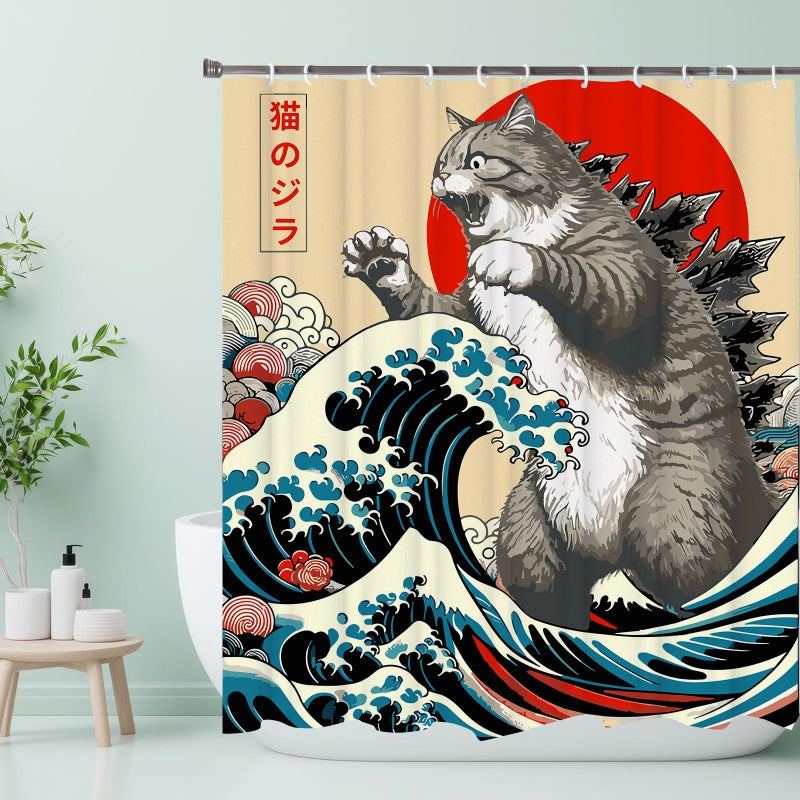 LKFBSC Funny Japanese Cat Shower Curtain, Vintage Cat Art Japan Anime Sunset Wave Waterproof Shower Curtain with Hooks, Animal Fabric Shower Curtains Bathroom Decor 72X72inches - Image 2