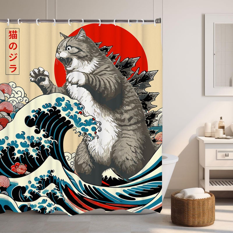 LKFBSC Funny Japanese Cat Shower Curtain, Vintage Cat Art Japan Anime Sunset Wave Waterproof Shower Curtain with Hooks, Animal Fabric Shower Curtains Bathroom Decor 72X72inches - Image 5