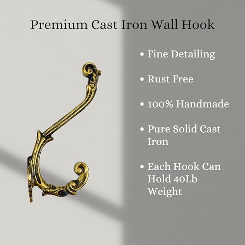 AYZCORP Set of 3 Cast Iron Antique Design Coat Hooks Wall Art DecorAntique Design Hangers and Key HolderClothes Rack and Backpack HangerCoat Hooks Home Decor for StorageBrass Finish - Image 3