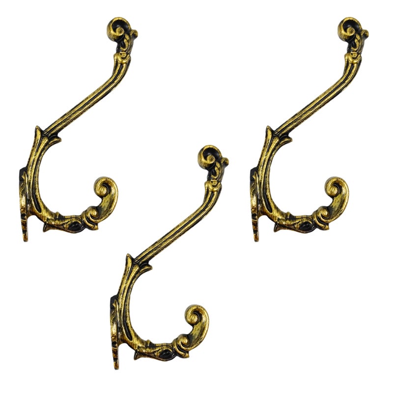 AYZCORP Set of 3 Cast Iron Antique Design Coat Hooks Wall Art DecorAntique Design Hangers and Key HolderClothes Rack and Backpack HangerCoat Hooks Home Decor for StorageBrass Finish - Image 2