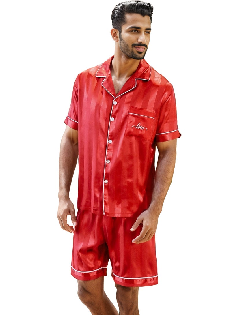 RuanMM Men's Silky Satin Pajama Set Short Sleeve Classic Sleepwear Button Down Loungewear with Short Pants | Red - Image 1