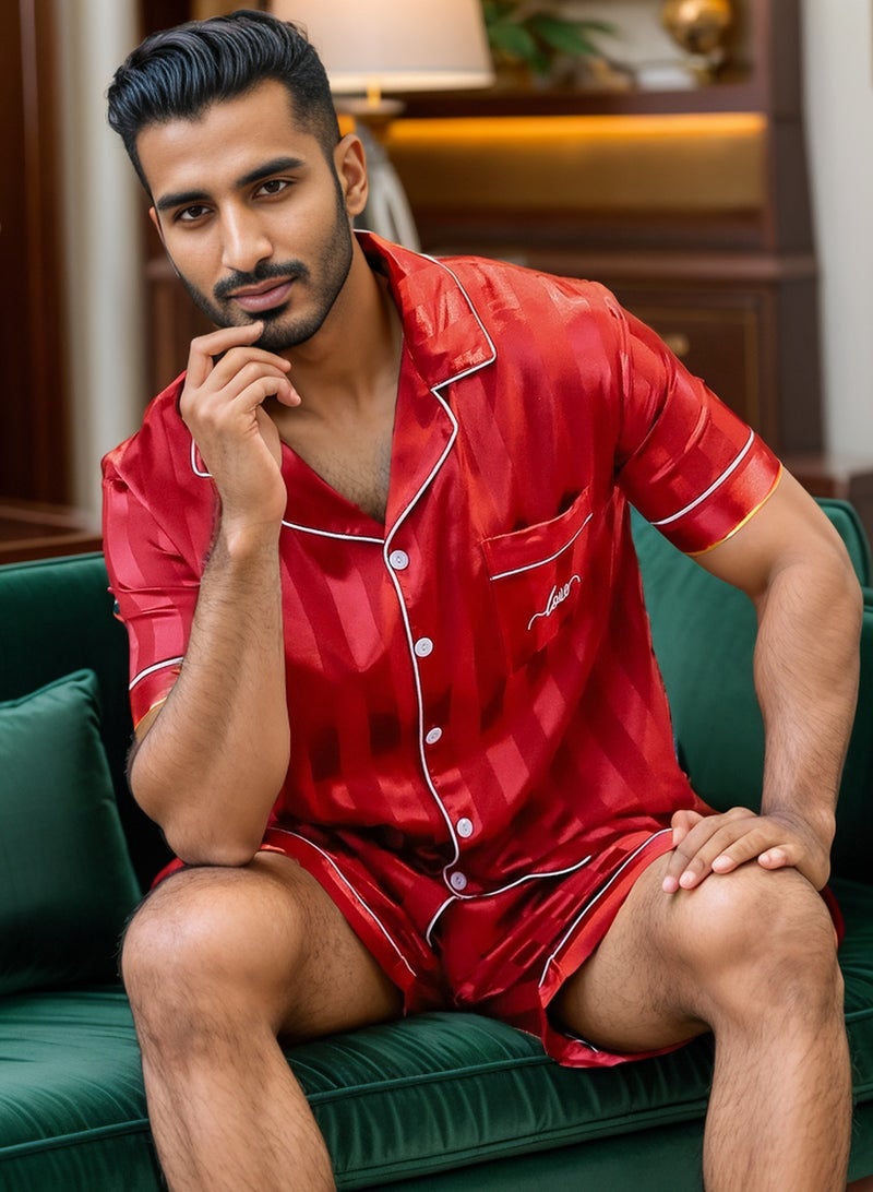 RuanMM Men's Silky Satin Pajama Set Short Sleeve Classic Sleepwear Button Down Loungewear with Short Pants | Red - Image 2