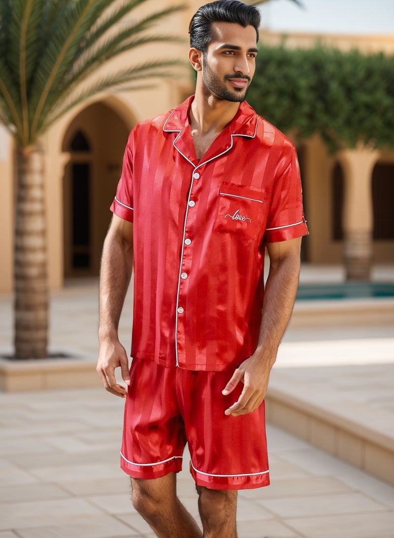 RuanMM Men's Silky Satin Pajama Set Short Sleeve Classic Sleepwear Button Down Loungewear with Short Pants | Red - Image 3