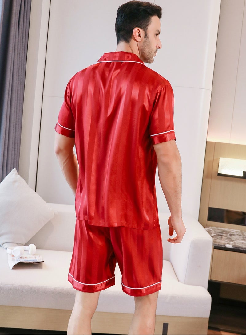 RuanMM Men's Silky Satin Pajama Set Short Sleeve Classic Sleepwear Button Down Loungewear with Short Pants | Red - Image 4