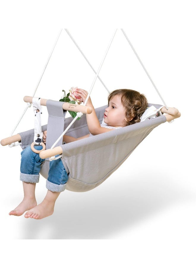 gladswing Baby Swing for Baby and Toddler, Canvas Baby Hammock Swing Indoor and Outdoor with Safety Belt and Mounting Hardware, Wooden Hanging Swing Seat Chair for Baby up to 4 Year - Little Cloud - Image 1
