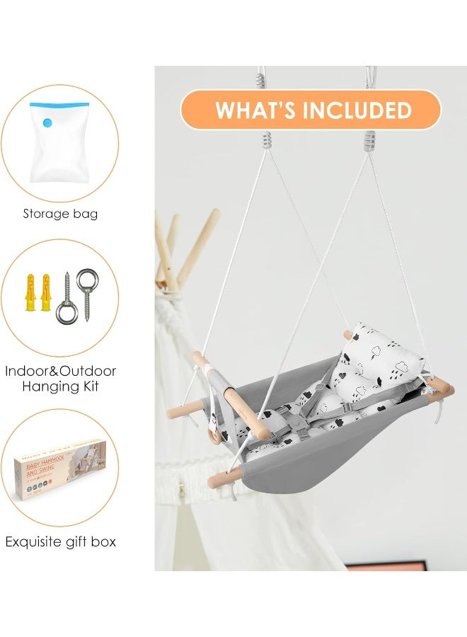 gladswing Baby Swing for Baby and Toddler, Canvas Baby Hammock Swing Indoor and Outdoor with Safety Belt and Mounting Hardware, Wooden Hanging Swing Seat Chair for Baby up to 4 Year - Little Cloud - Image 5