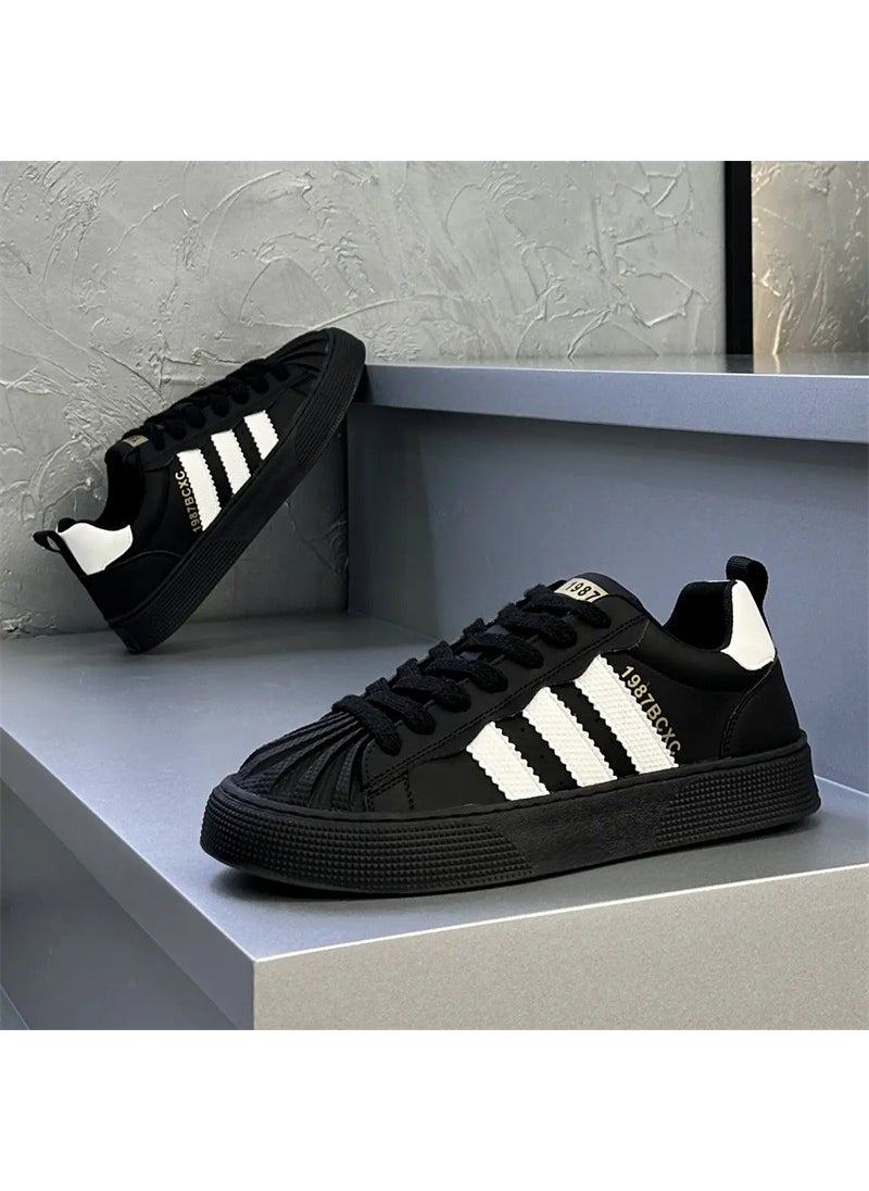 Generic - Autumn/Winter New Mens Board Shoes Three-Row Shell Head Fashionable Versatile Sport Casual Shoes Low Top Comfortable Wear-Resis Black - Image 1