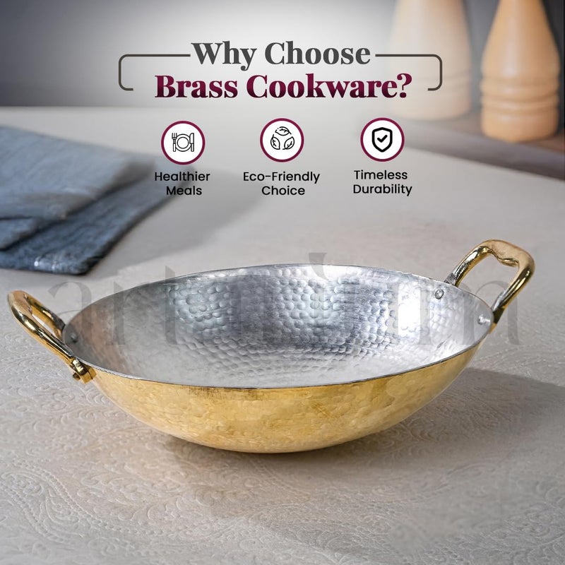 Artarium Artarium Pure Brass Kadai Naturally Non Stick Teflon Free Brass Kadai Handmade Hammered Brass Utensil for Cooking with Tin Coating Handcrafted Brass Utensils for Kitchen 29 x 23 x 8 cm - Image 5