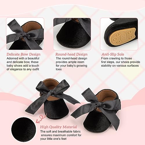 KIDSUN Infant Baby Girls Mary Jane Shoes Soft Sole Ballet Slippers Bow Princess Newborn Dress Wedding Flat Shoes (3-6 Months Infant, 2-Black(Velvet), 3_Months) - Image 3
