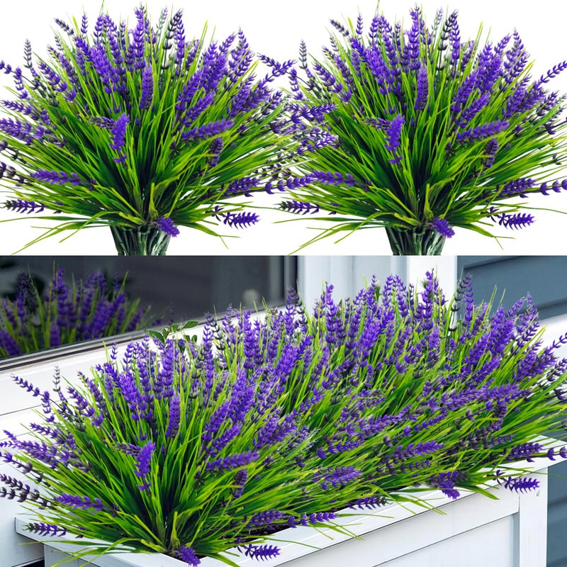 Artificial Flowers for Outdoors 24 Bundles Fake Lavender Flowers UV Resistant Plastic Plants Faux Purple Monkey Grass for Home Porch Garden Window Box Indoor Outdoor Decorations