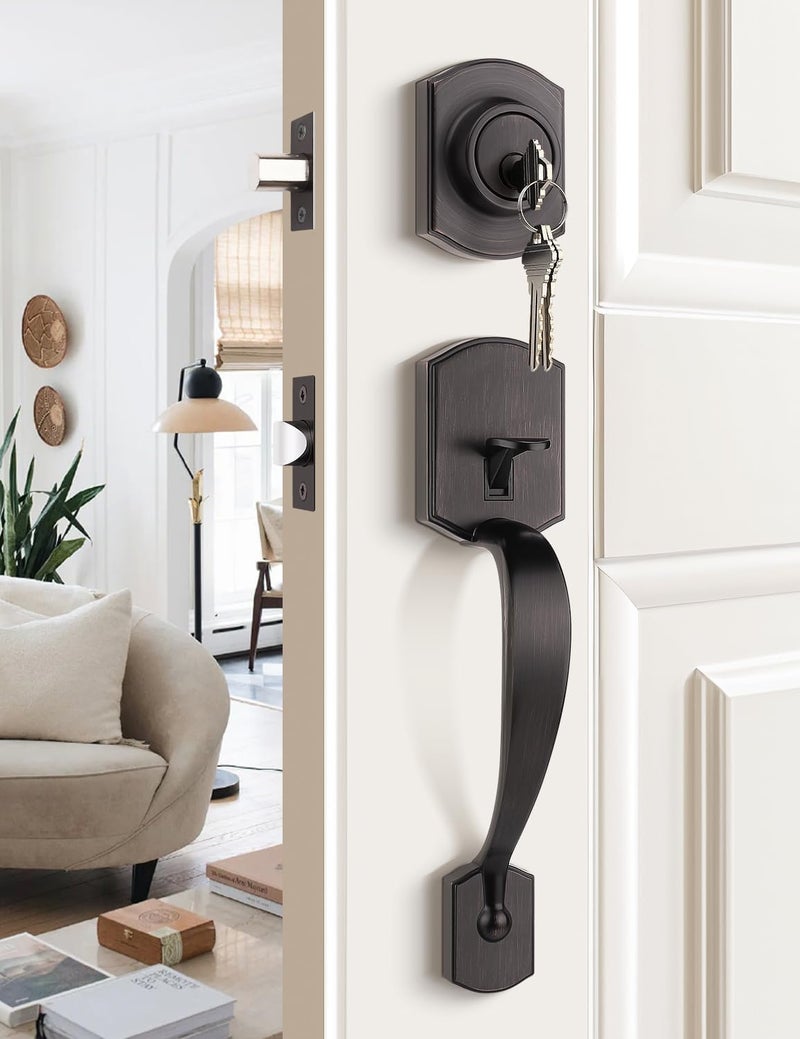 Tinewa Camelot Front Door Handle and Deadbolt Set, Front Door Lock Set, Oil-Rubbed Bronze Finish, Upgated Entry Door Handle with Accent Wave Door Lever with Reversible Handle Lever, 1 Pack - Image 1