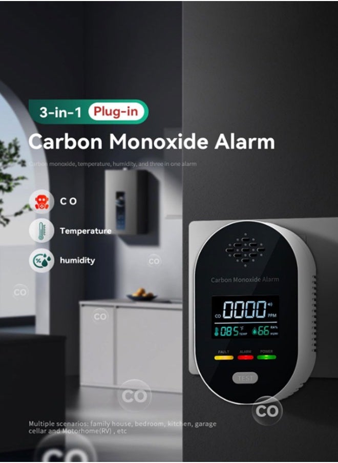 Carbon Monoxide Temperature And Humidity Three-In-One Alarm Detector ,Portable Mini Air Quality Monitor,Real-Time Synchronous Detection Of Data (UKplug)