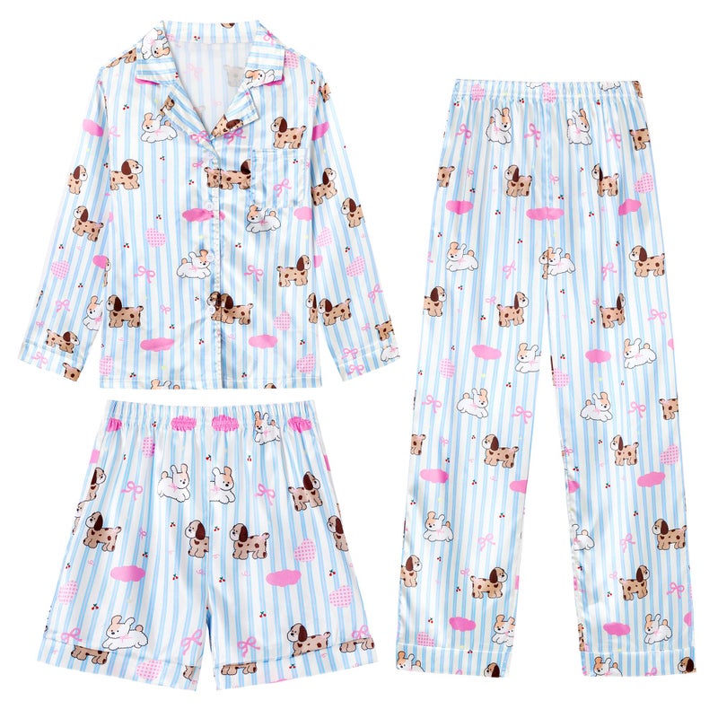 CARETOO Girls' Sleepwear Girls Pajamas size 7-8 3PCS Silk Pajama Set Kids Girl Long Sleeve Long Pants with Shorts Cute Animal Dog PJ Loungewear Set Girl PJs Size 7-8 - Image 1