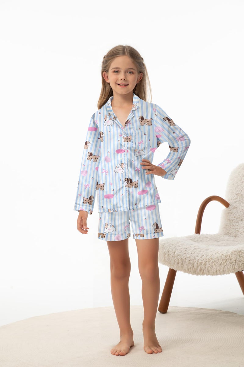 CARETOO Girls' Sleepwear Girls Pajamas size 7-8 3PCS Silk Pajama Set Kids Girl Long Sleeve Long Pants with Shorts Cute Animal Dog PJ Loungewear Set Girl PJs Size 7-8 - Image 2