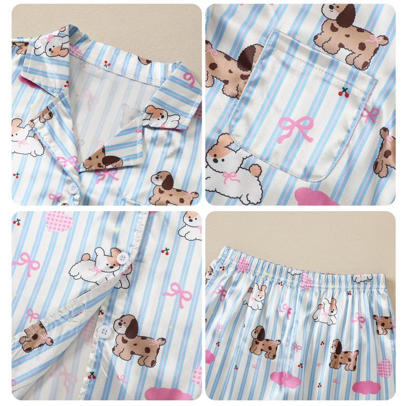 CARETOO Girls' Sleepwear Girls Pajamas size 7-8 3PCS Silk Pajama Set Kids Girl Long Sleeve Long Pants with Shorts Cute Animal Dog PJ Loungewear Set Girl PJs Size 7-8 - Image 4