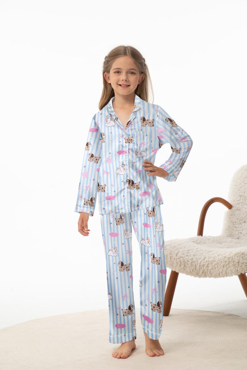 CARETOO Girls' Sleepwear Girls Pajamas size 7-8 3PCS Silk Pajama Set Kids Girl Long Sleeve Long Pants with Shorts Cute Animal Dog PJ Loungewear Set Girl PJs Size 7-8 - Image 3
