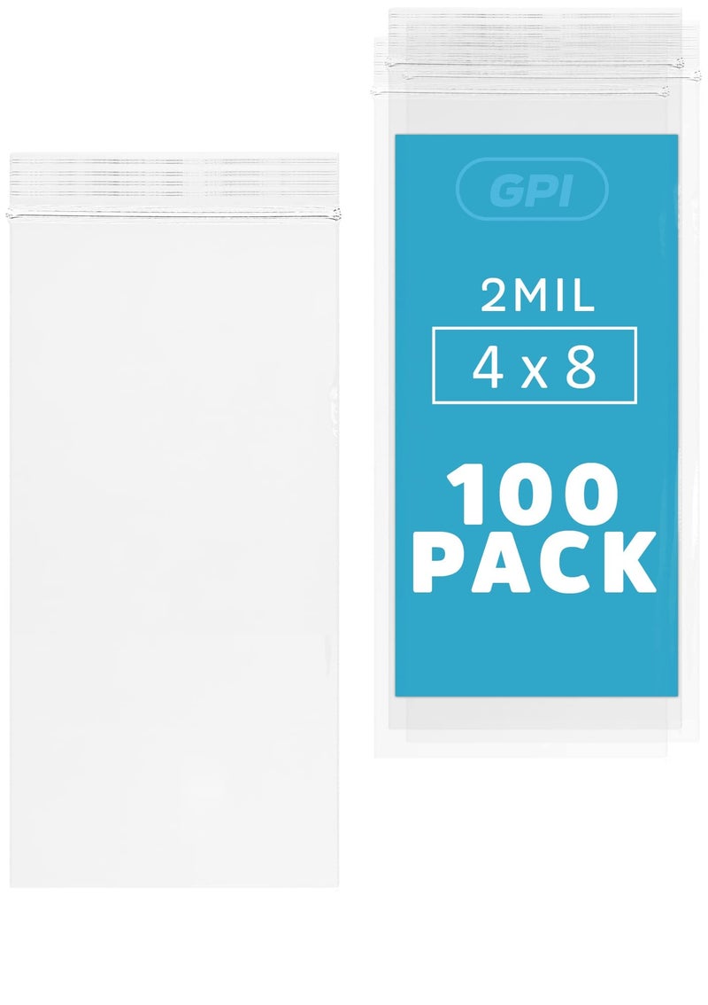GPI POLY GPI - 4" x 8" Long Zip Bags, 100 Count, 2 Mil, Clear Plastic Reclosable Zipper Poly Baggies, with Resealable Zip Top Lock Seal, for Snacks, Candy, Incense & Jewelry - Image 1