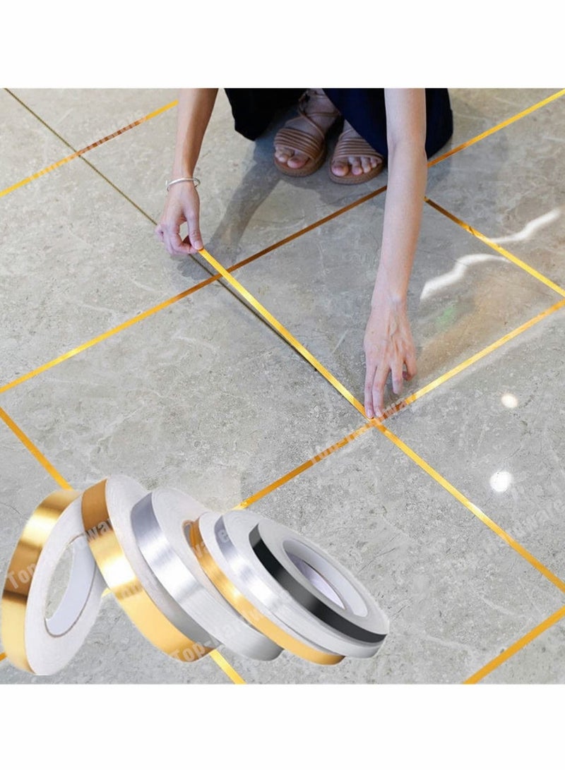Excefore ملصقات حواف الأرضيات الفضية الذهبية المصنوعة من الفينيل مقاومة للماء للجدران والفجوات بين الحائط والسقف، لتزيين المنزل بخط شريط بلاط ذاتي اللصق، للمطبخ والحمام وغرفة المعيشة وغرفة النوم (ذهبي، 1 مجموعة = 3 أحجام) - Image 3