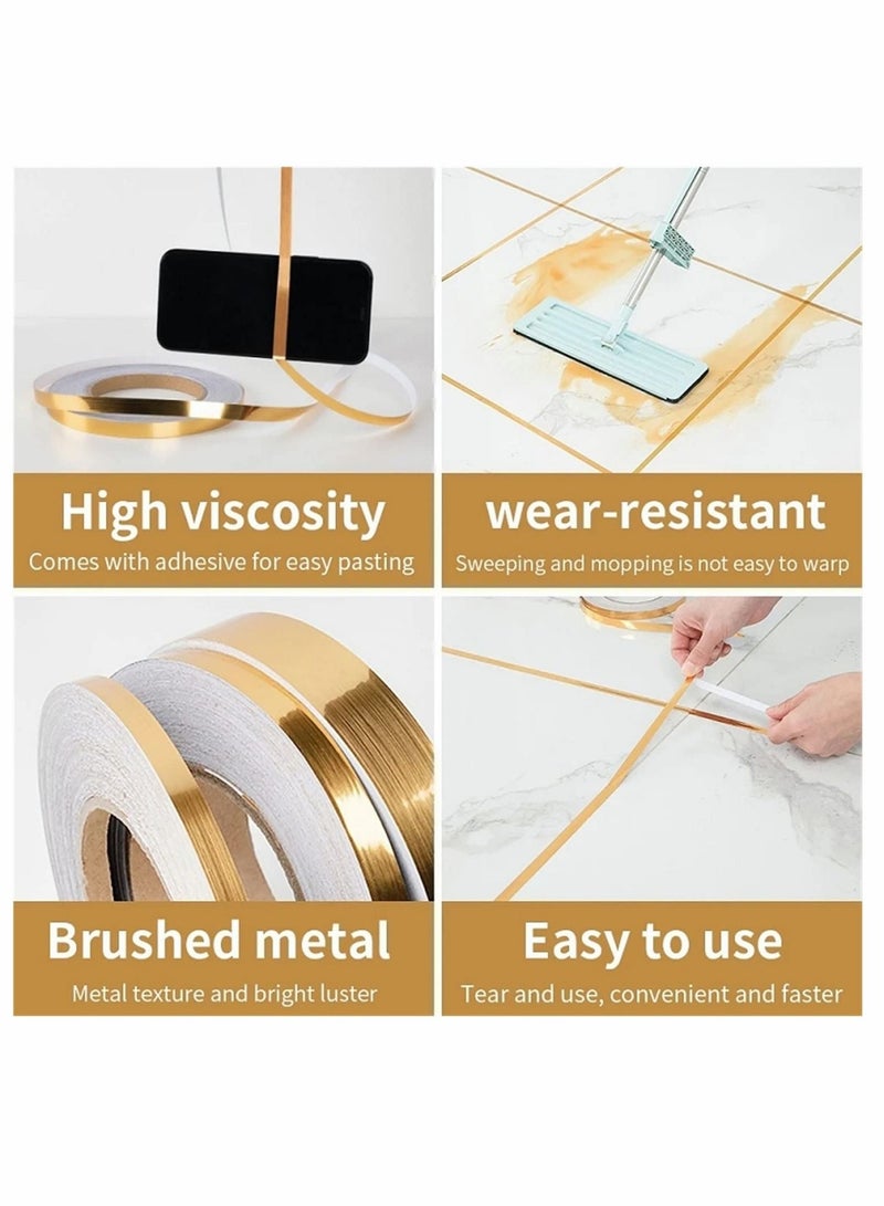 Excefore ملصقات حواف الأرضيات الفضية الذهبية المصنوعة من الفينيل مقاومة للماء للجدران والفجوات بين الحائط والسقف، لتزيين المنزل بخط شريط بلاط ذاتي اللصق، للمطبخ والحمام وغرفة المعيشة وغرفة النوم (ذهبي، 1 مجموعة = 3 أحجام) - Image 2