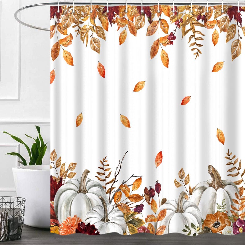iTapnoom Fall Pumpkins Maple Leaf Shower Curtain Autumn Leaves Harvest Thanksgiving Farmhouse Watercolor Seasonal Bathroom Curtain Sets Waterproof Fabric Polyester with Hooks 72x72 White