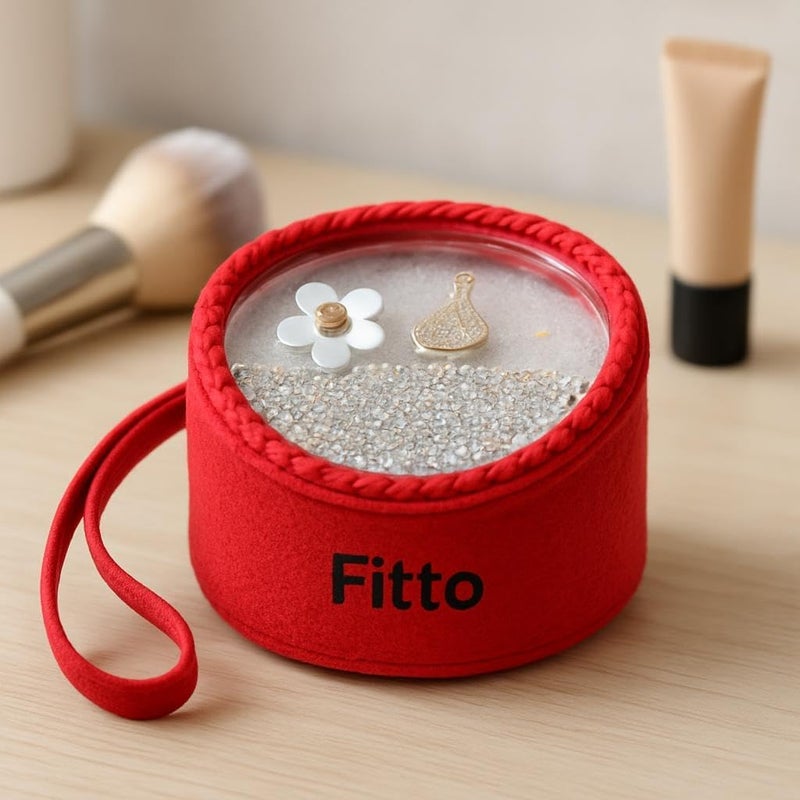 Fitto Small Round Wool Makeup Bag with Handle - Red Portable Makeup Organizer for Travel and Everyday Use - Image 2