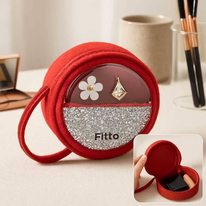 Fitto Small Round Wool Makeup Bag with Handle - Red Portable Makeup Organizer for Travel and Everyday Use - Image 3