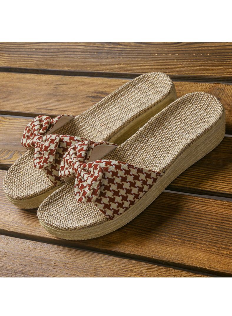 Loquat Women's Bowknot Thick Soled Flax Slippers Non Slip Linen Indoor Slippers Open Toe Dark Red Beige 