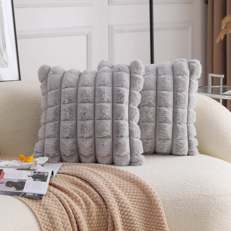 Neelvin Grey Faux Fur Cozy Soft Plaid Decorative Throw Pillow Covers 16x16 inch Set of 2 Velvet Pillowcase Cushion Case for Sofa Couch - Image 1