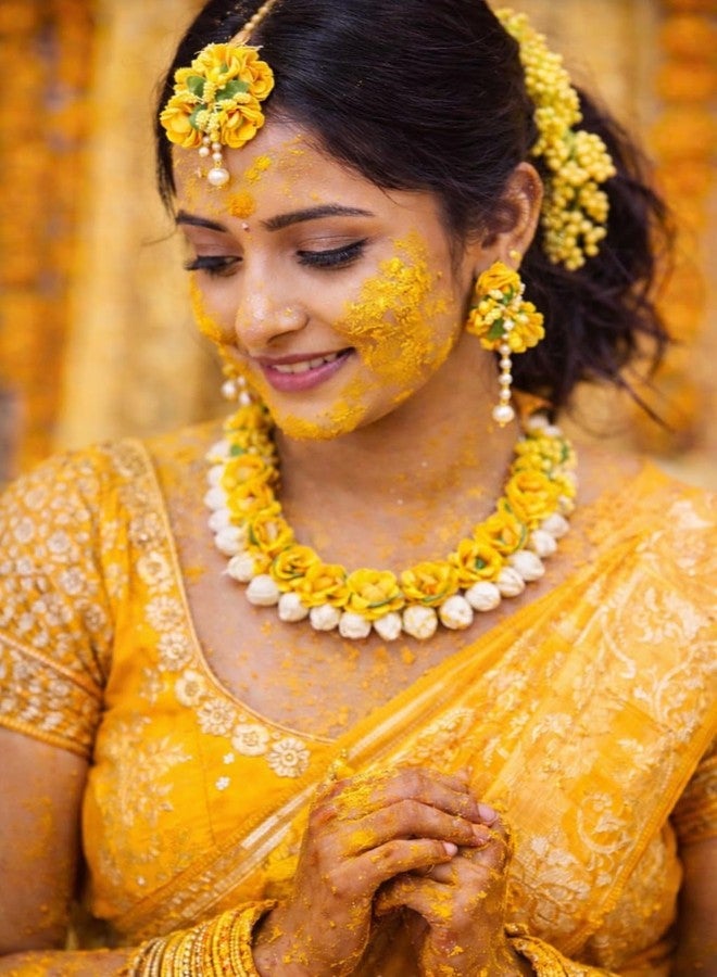 AGAAS ENTERPRISES Designer Flower Jewellery Set Nacklace, Earrings,Tika,Bangles For Women & Girls (Mehandi/Haldi/Wedding/Bridal - Image 2