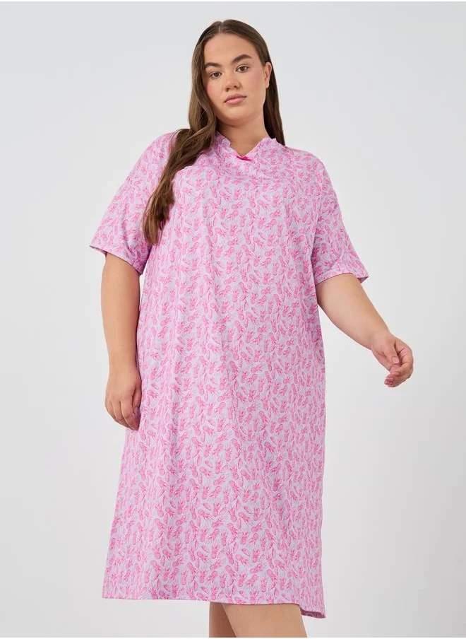 ستايلي Styli Plus Size Pineapple Print Bow Detail Nightdress