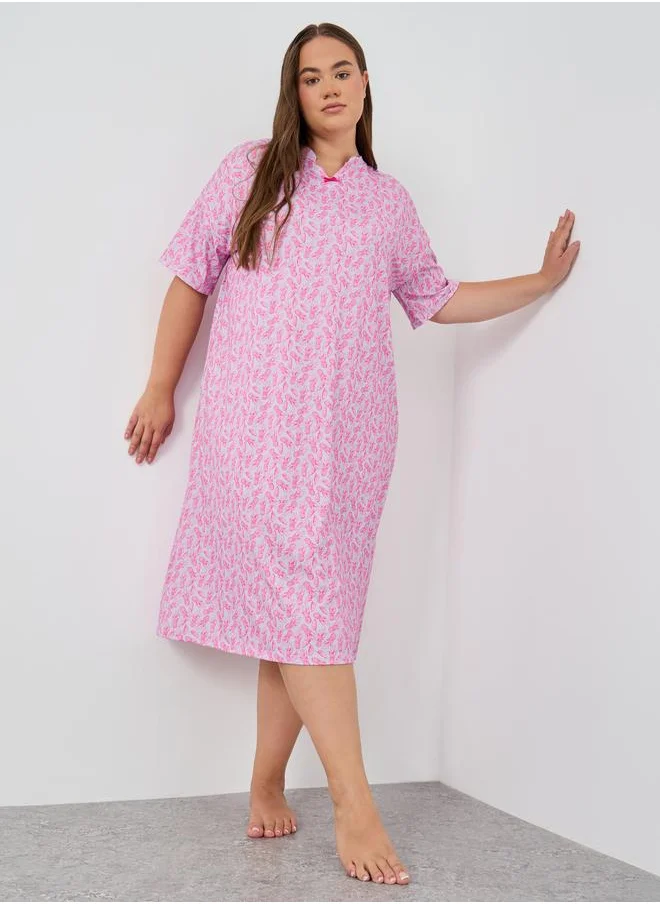 ستايلي Styli Plus Size Pineapple Print Bow Detail Nightdress