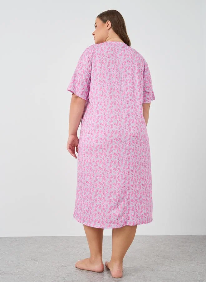 Styli Styli Plus Size Pineapple Print Bow Detail Nightdress