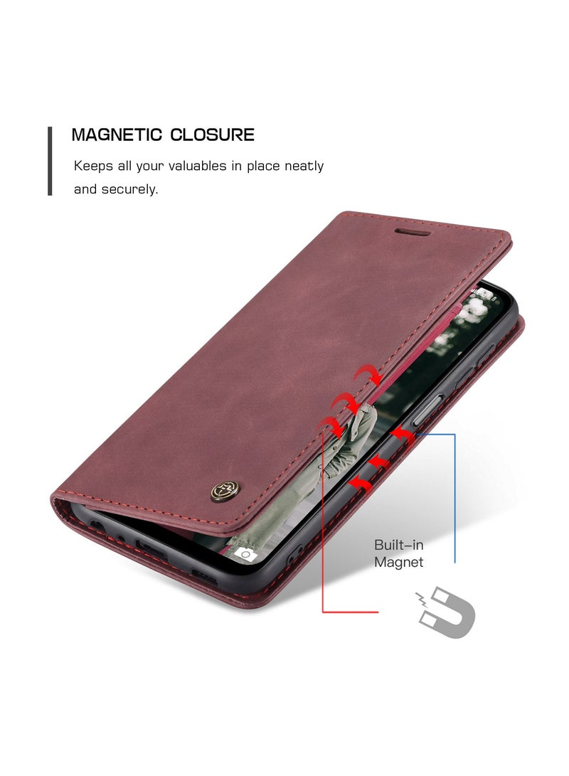 CaseMe Samsung Galaxy A12 4G/5G/M12 Case Wallet Case Book Folding Flip Folio Case with Magnetic Kickstand Card Slots Protective Cover - Wine Red - Image 3