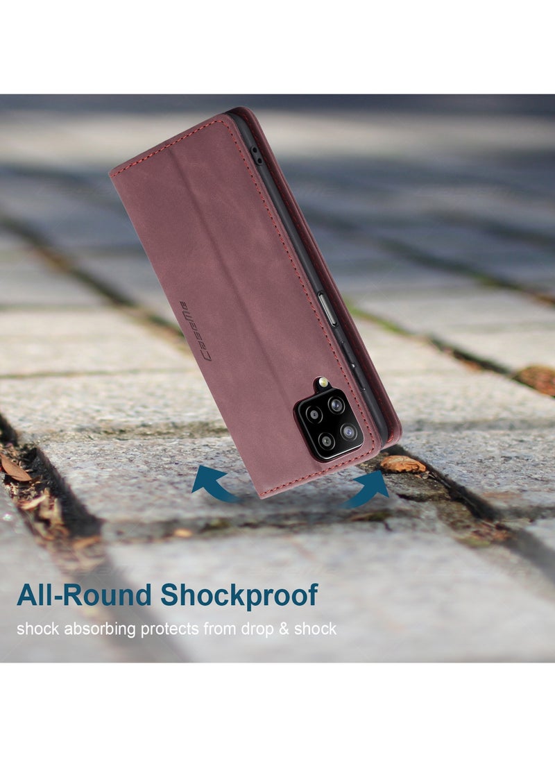 CaseMe Samsung Galaxy A12 4G/5G/M12 Case Wallet Case Book Folding Flip Folio Case with Magnetic Kickstand Card Slots Protective Cover - Wine Red - Image 4