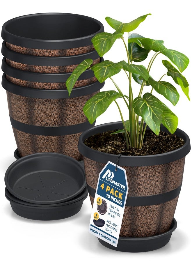 لايف ماستر مجموعة أحواض زراعة خارجية من لايف ماستر، مقاس 10 بوصات، على شكل براميل ويسكي، تتكون من 6 قطع، مصنوعة من البلاستيك، مناسبة للاستخدام الداخلي والخارجي، مزودة بفتحات تصريف وصحن، مثالية لزراعة الزهور والنباتات الصغيرة والأعشاب. - Image 1
