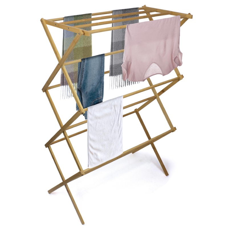 Brookstone EcoFriendly Bamboo Drying Rack Collapsible Laundry Clothes Hanger 10 Hanging Bars Minimalist Space Saving Design