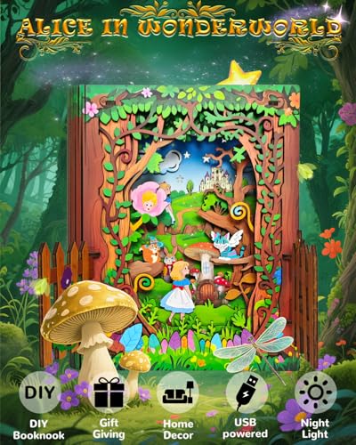 Jigtoy 3D Wooden Puzzles for Kids Alice in Wonderland Book Nook Kit with LED Night Light - Image 5