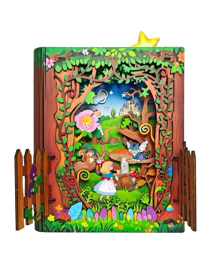 Jigtoy 3D Wooden Puzzles for Kids Alice in Wonderland Book Nook Kit with LED Night Light - Image 3