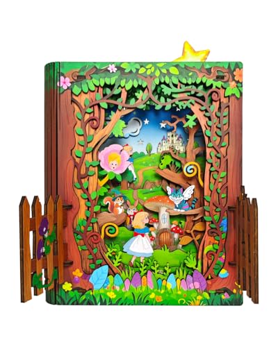 Jigtoy 3D Wooden Puzzles for Kids Alice in Wonderland Book Nook Kit with LED Night Light - Image 1